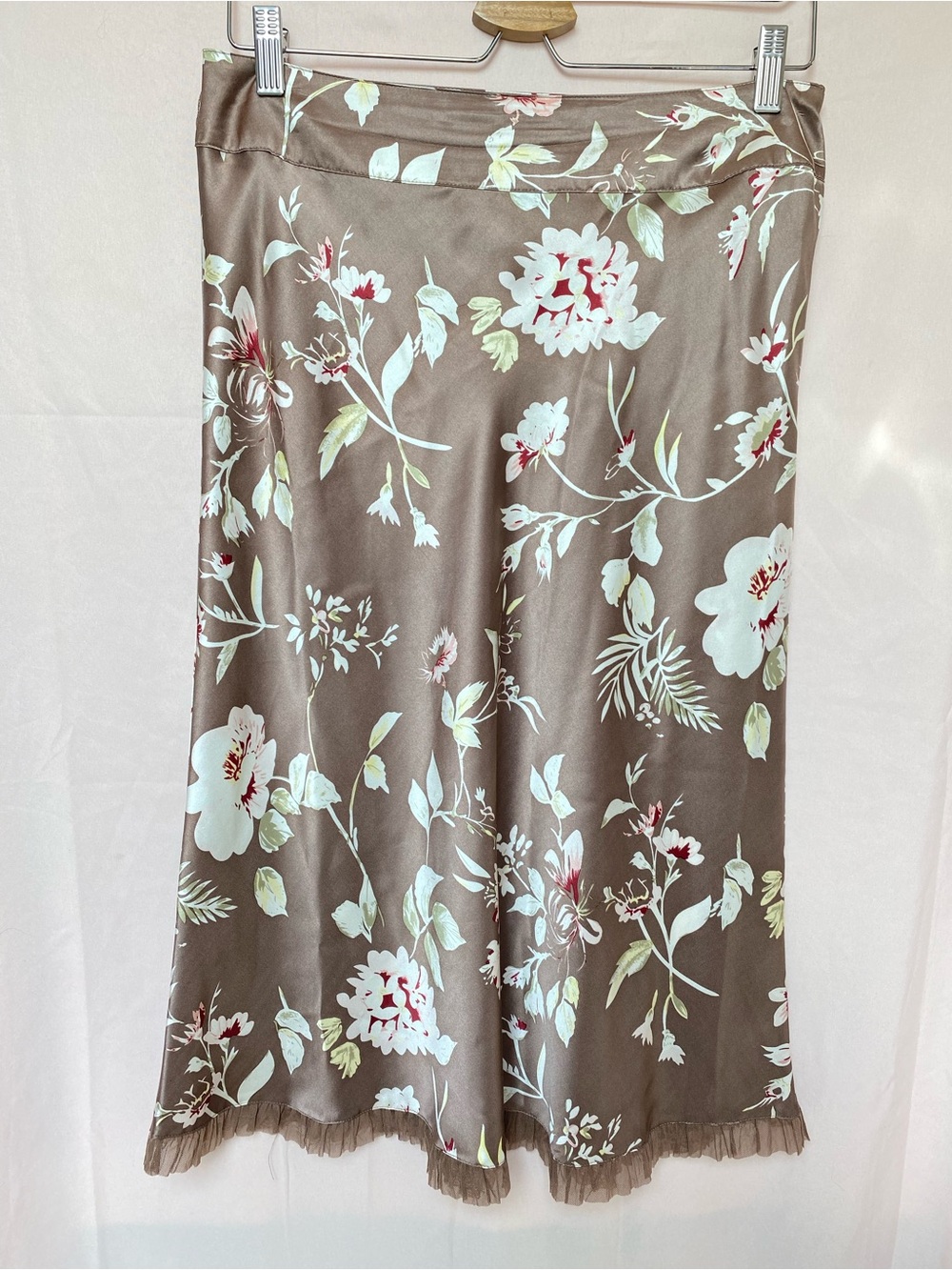 Kenzie Women's Brown 100% Silk Floral Midi Skirt Size M Ruffle Romantic Feminine